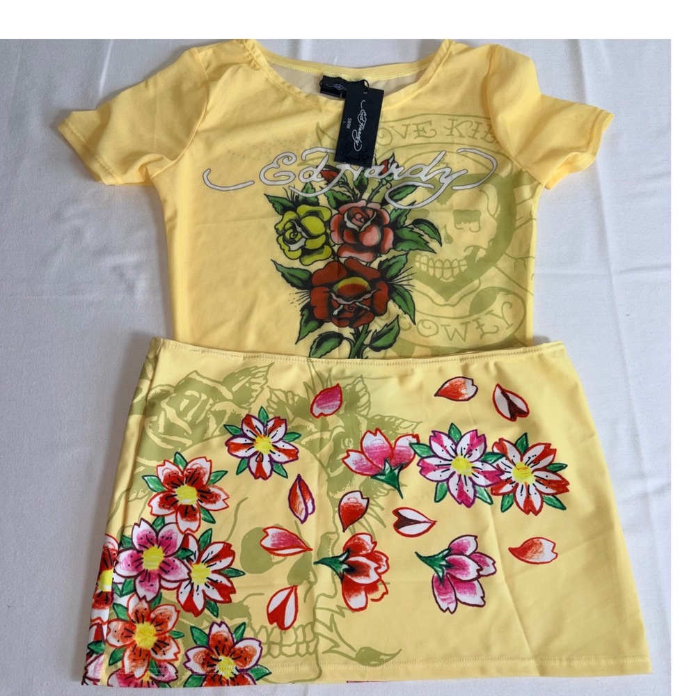 Ed Hardy Mesh Top Skirt Set Large Yellow new Tattoo Rose Skull Rhinestone Y2K